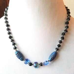 Handmade necklace blue and black French Jet necklace crystal beads